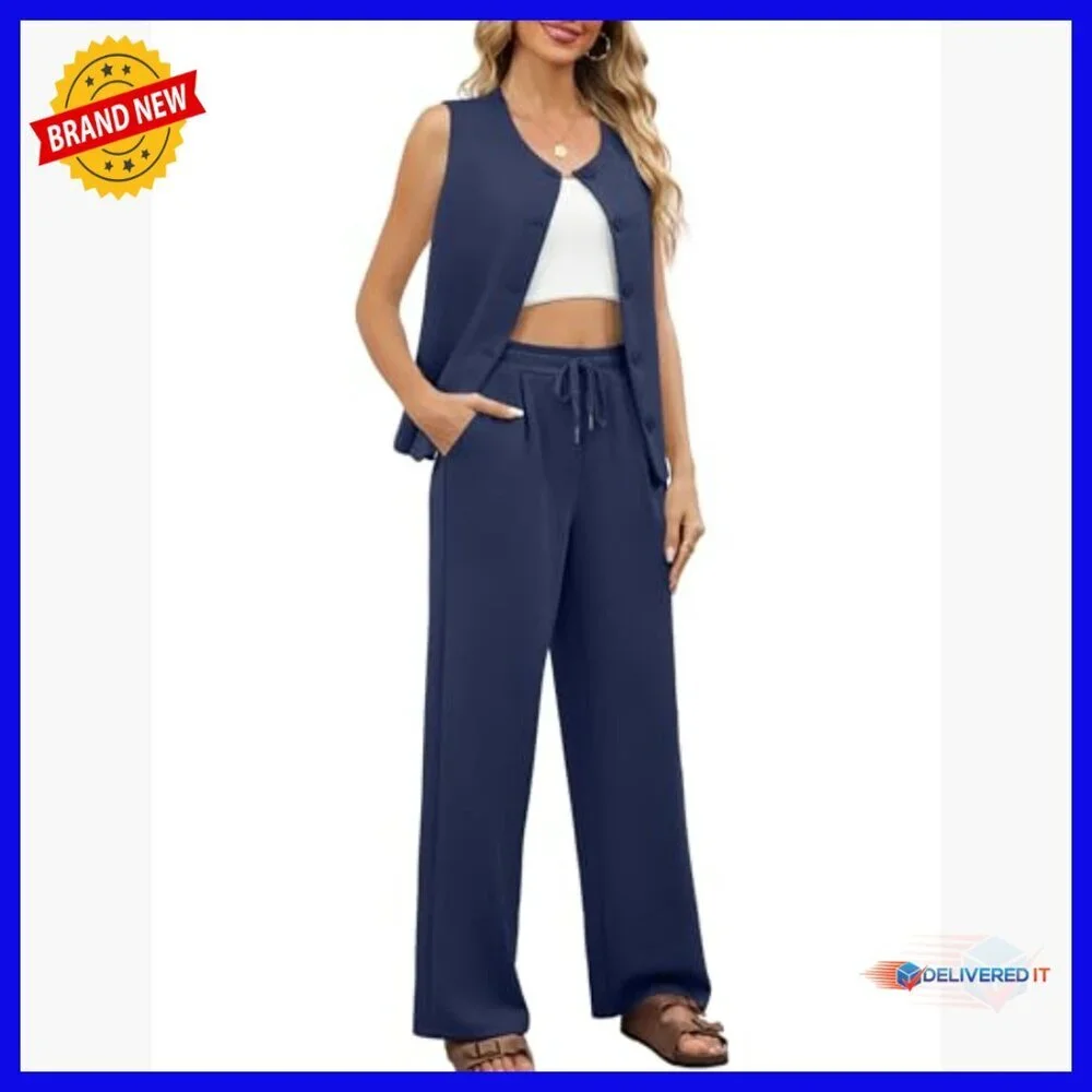 Sleeveless Vest Wide Leg Pants Matching Set Rayon Blend Work Lounge